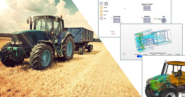 Image of agricultural heavy equipment in a field, overlayed with thermal management simulation results.