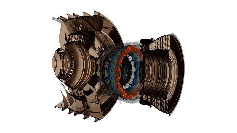 An interior view of an aircraft engine with a visual representation of combustion modeling, a critical aspect of jet engine design.
