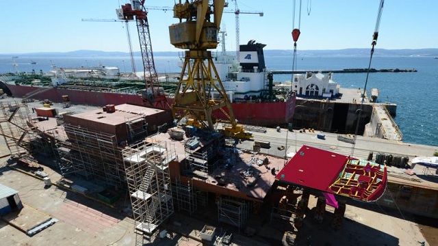 Construction of a ship at a shipyard, where the best marine structures engineering is needed