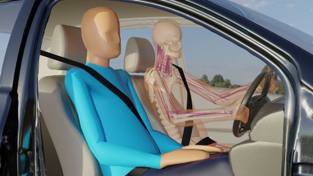Rendered image of accurate modeling of human occupants, vehicle interiors and restraint systems using numerical simulation