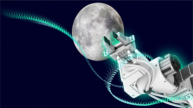 Un brazo robótico alcanza la luna.
