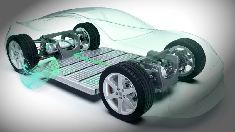 Render showing a transparent electric vehicle body highlighting the e-powertrain platform that is used for propulsion.