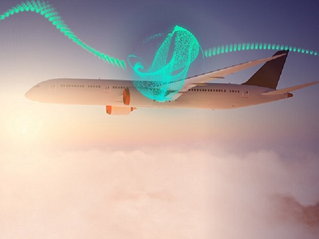 A plane flies above the clouds with a digital thread and swirl indicating the connection to verification management with a certification digital twin.