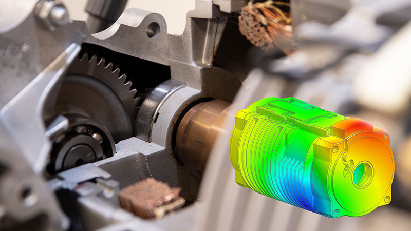 Détail d'un entraînement électrique avec un modèle virtuel utilisé pour optimiser les performances NVH du moteur électrique. 