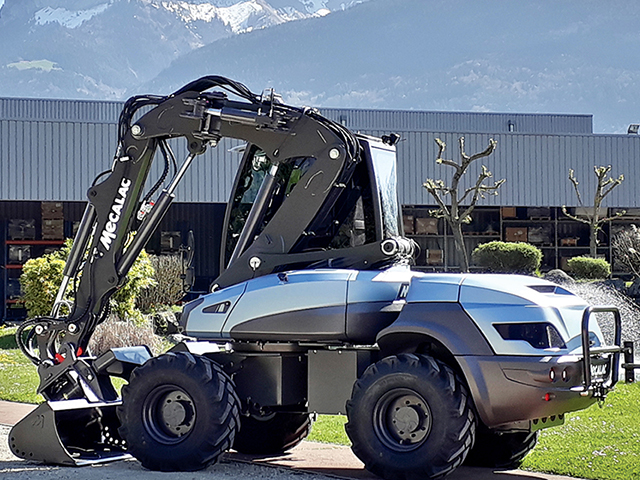 Image of a Mecalac brand full electric wheeled excavator