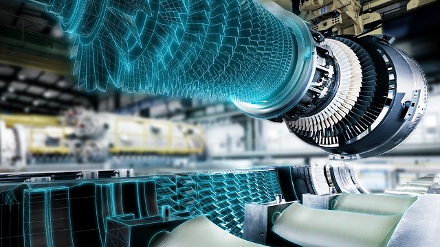 Gas turbine with turquoise-colored simulation overlay.