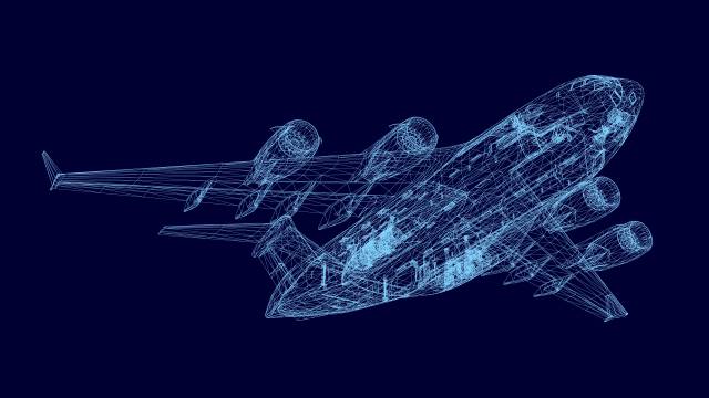 Wireframe of a commercial aircraft to illustrate the concept of aircraft engine systems integration