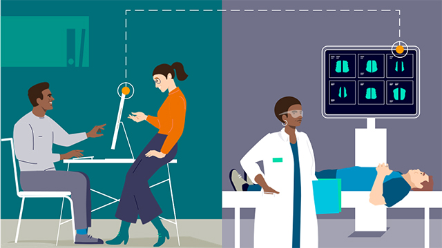 Animated image of two colleagues collaborating in front of a desktop connected to a physician treating a patient. 