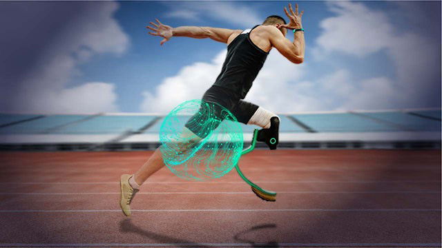 Male runner on a track with prosthetic leg and siemens cognisphere 