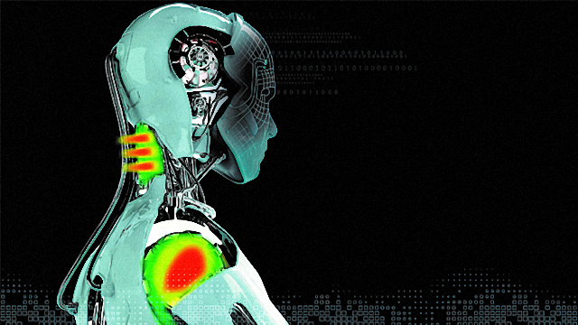 A side profile of an android with heat signatures on its neck and shoulders to depict simulation in Intelligent Performance Engineering