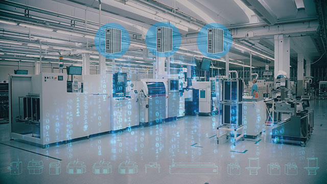 Digitally layered image of smart data shop floor. 