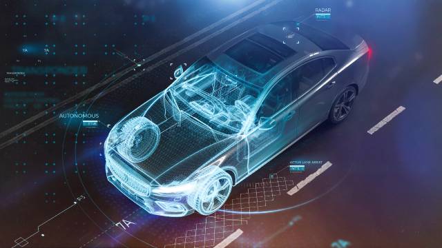 복잡한 E/E 아키텍처로 실현된 고급 전자 장치 및 자율 기술을 보여주는 렌더링된 차세대 차량.