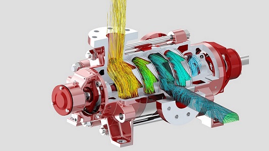 Simulation of a red and white pump with virtual fluid flowing through.