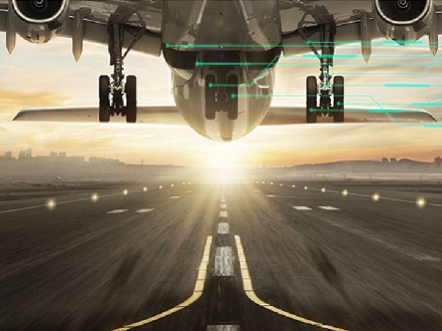 A plane taking off into a sunrise with teal lines connected to various parts of the aircraft representing a digital thread for certification