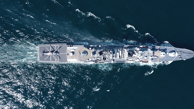 Overhead view of a naval frigate.