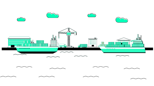 Cartoon rendering of a shipyard.