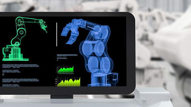 Low-code emerging technology on a computer screen in an industrial machinery facility. 