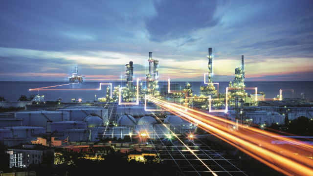 覆盖数字化生产线的石油和天然气工厂图景