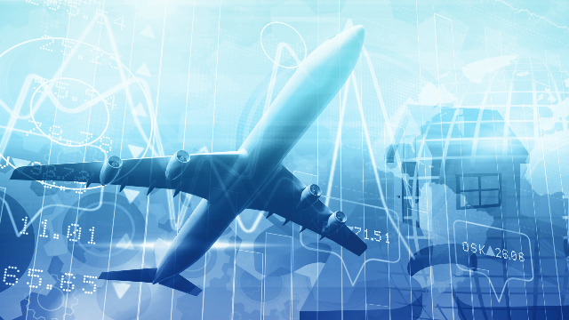 喷气式飞机的蓝白拼贴图、拼图、地球、齿轮、股价和图表描绘飞机认证的复杂性。